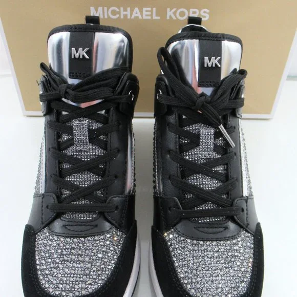 Michael Kors Georgie Trainer Wedge Sneakers Laces MK Logo Black / Grey - Picture 4 of 8